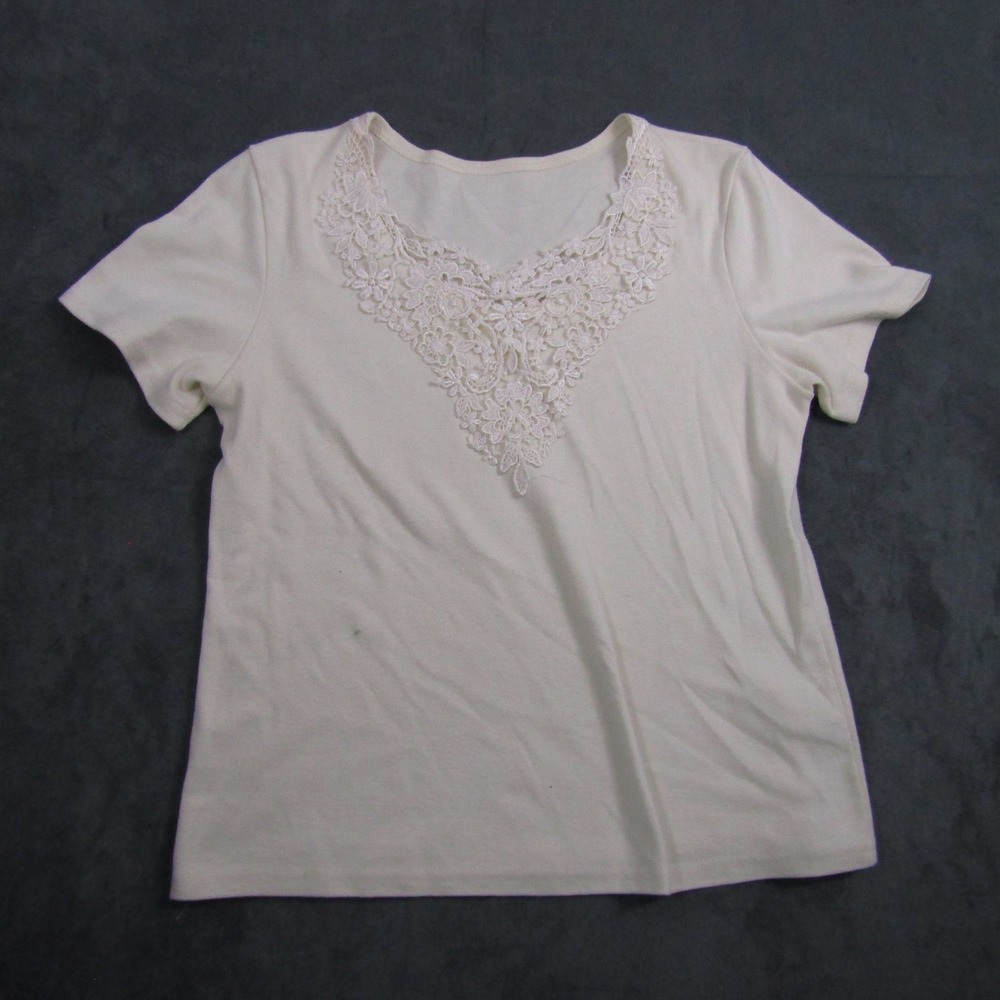 Willow Ridge Top Women Medium Ivory Lace V-Neck Short Sleeve Tee Vintage